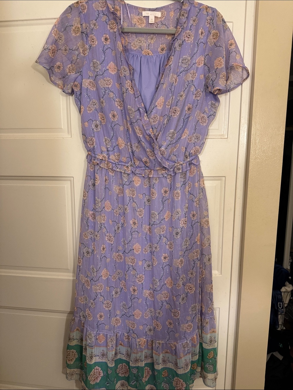 Lauren Conrad Lavender Floral Wrap Midi Dress with Green Border